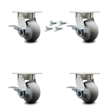 Service Caster 4 Inch Kingpinless Thermoplastic Wheel Caster Set with Brake and Swivel Lock SCC SCC-KP30S420-TPRRD-SLB-BSL-4